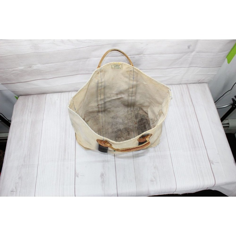 Vintage LL Bean Cream Canvas Leather Double Handle Zipper Tote Boat Beach Bag - Picture 5 of 8